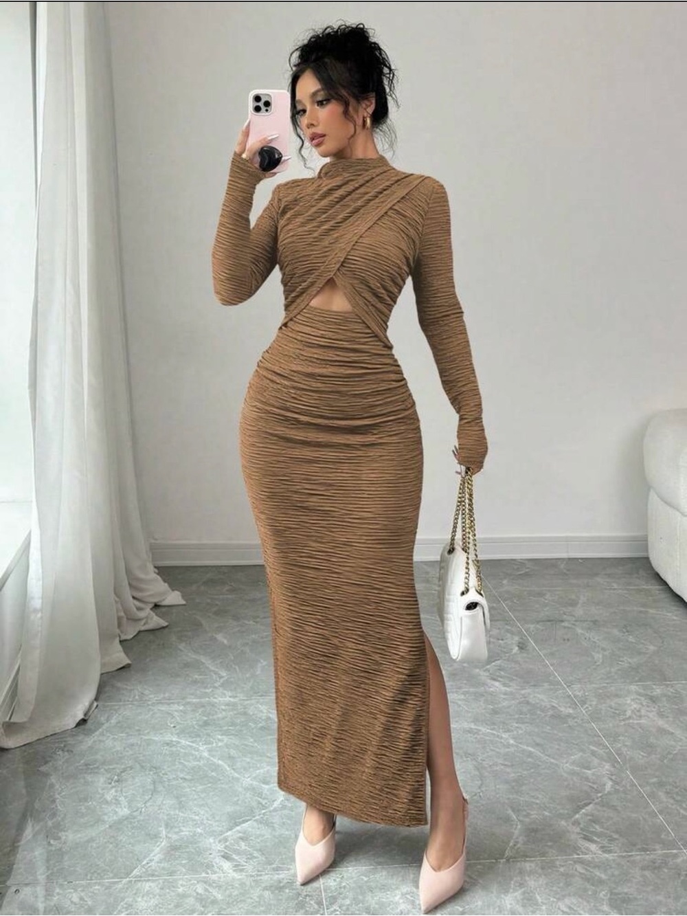 SHEIN Ruched Cutout Long Sleeve Maxi Dress